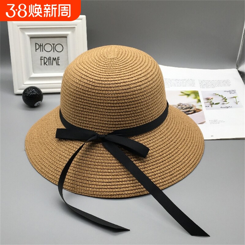 可折叠草帽子女夏天网红百搭沙滩遮阳帽防晒太阳渔夫帽出游大檐
