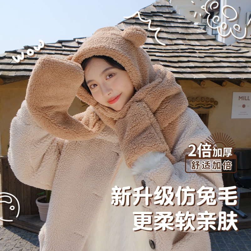 小熊帽子围巾一体秋冬季毛绒可爱三件套连帽手套护耳围脖保暖防寒