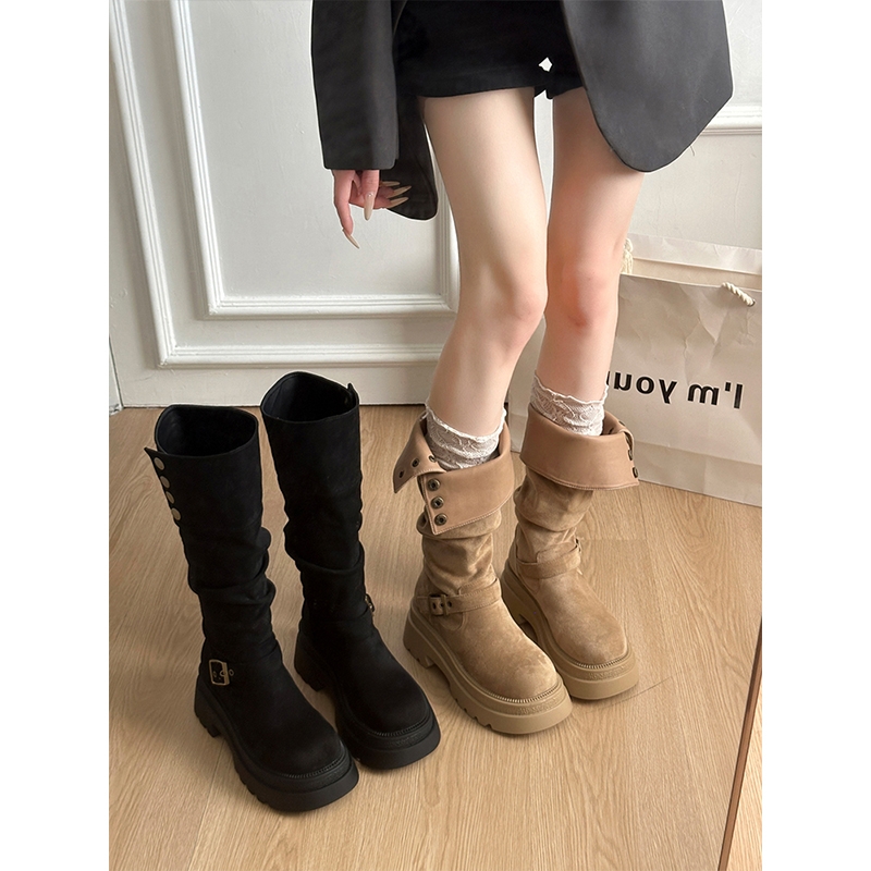 两穿长筒靴子女2025秋冬新款厚底绒面堆堆靴增高骑士靴高跟高筒