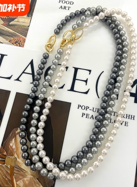 真多麻银灰色强光正圆仿施+长款珍珠项链时尚轻奢毛衣链小众气质