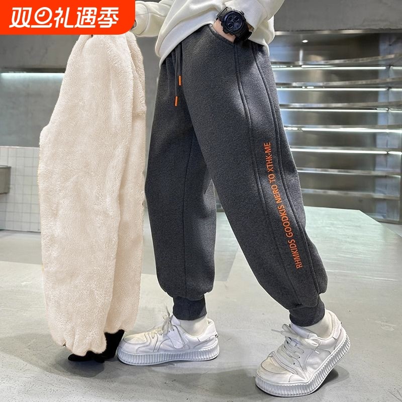 男童冬季加绒加厚裤子运动裤中大童卫裤羊羔绒保暖一体绒儿童长裤