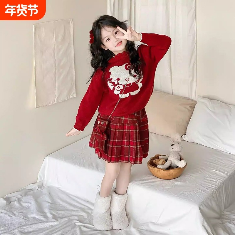 儿童连衣裙冬女童可爱风毛衣KT猫洋气百褶裙红色新年拜年服两件套,童装/婴儿装/亲子装,连衣裙,淘宝优惠券,粉丝福利购,淘宝优惠卷