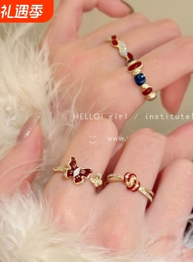 复古安可拉红滴釉蝴蝶戒指女2025新款爆款食指戒小众冷淡风开口戒