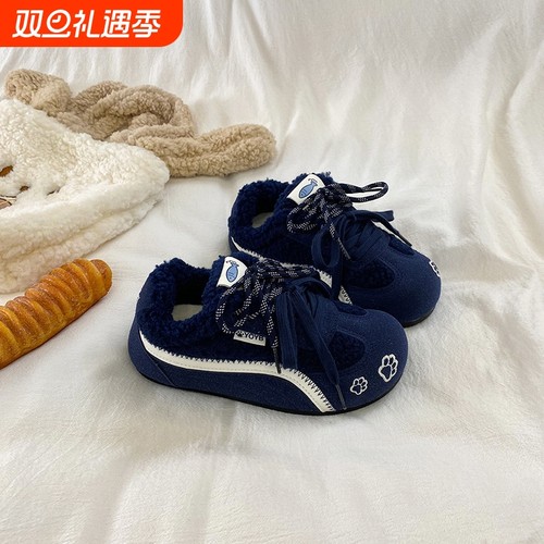 克莱因蓝加绒德训鞋子女2025冬季新款爆款保暖厚底百搭休闲二棉鞋