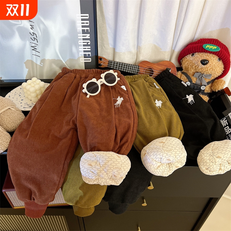 新款冬季儿童加绒温变束脚裤男女童外出纯色防风保暖长裤松紧A4