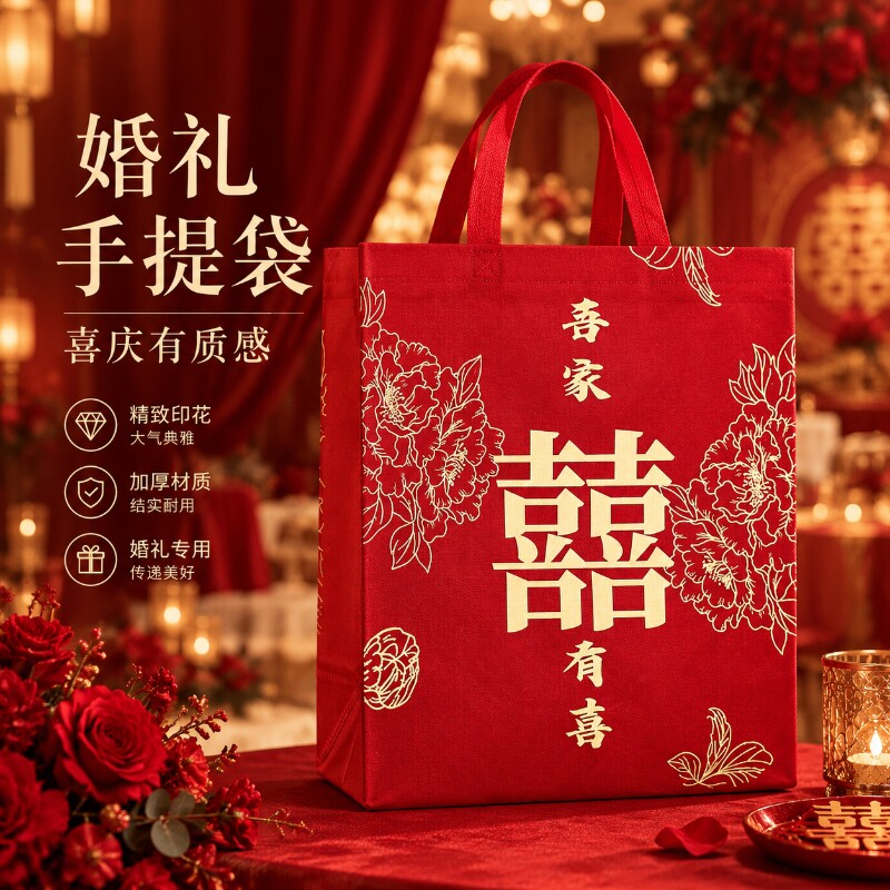 红色结婚礼袋手提袋专用喜糖袋子订婚大号婚礼婚庆礼品加厚无纺布