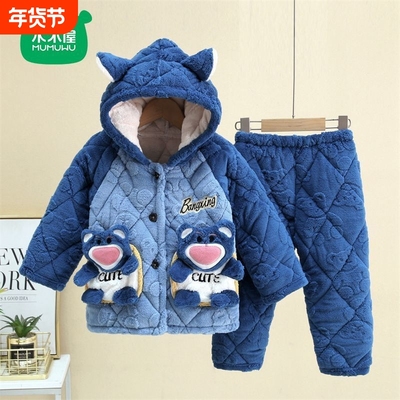 木木屋冬季三层加厚法兰绒儿童睡衣保暖套装加绒可外穿新款家居