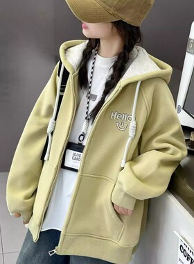 女中大童加绒保暖连帽开衫卫衣潮