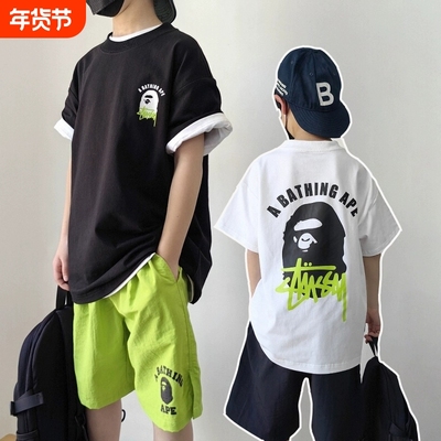 短袖BAPE纯棉STU儿童潮牌t恤夏男女联名猿人头SHARKAPE洋气亲子装