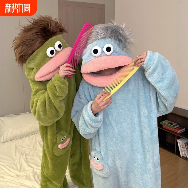 丑萌带大嘴怪睡衣家居服加绒保暖学生党抽象搞怪连体冬季可外穿