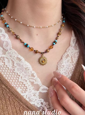 波西米亚度假民族风项链轻奢小众设计高级感精致百搭毛衣链女花朵