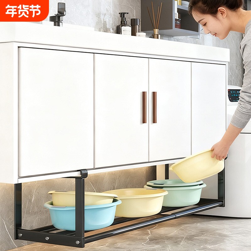 洗脸盆置物架浴室柜下挂篮可伸缩免打孔收纳架卫生间杂物分层隔板