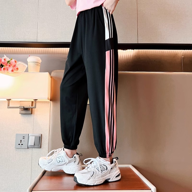 女童裤子夏季薄款冰丝速干外穿防蚊裤大童儿童夏天运动裤短裤条纹