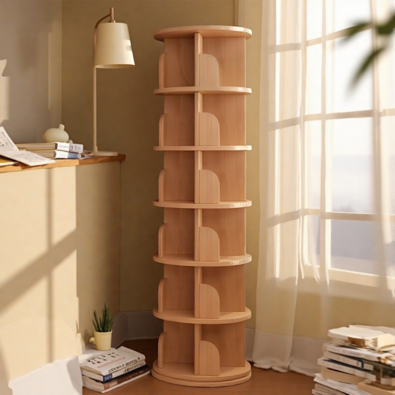 全实木旋转书架360度书柜收纳家用客厅可移动儿童落地置物架家居