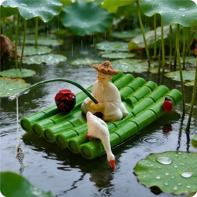 水面漂浮竹排竹筏姜太公钓鱼翁摆件熊猫垂钓庭院鱼池鱼缸造景装饰