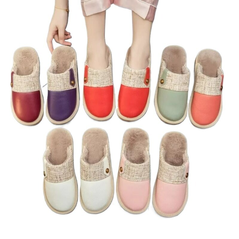 牛皮面防水秋冬季男女居家用毛绒保暖棉拖鞋情侣新款厚底地板防滑