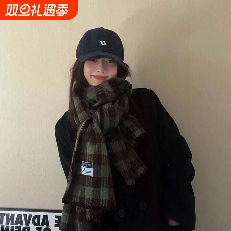 2025新款复古仿羊绒格子围巾女秋冬季百搭高级感保暖加厚针织围脖