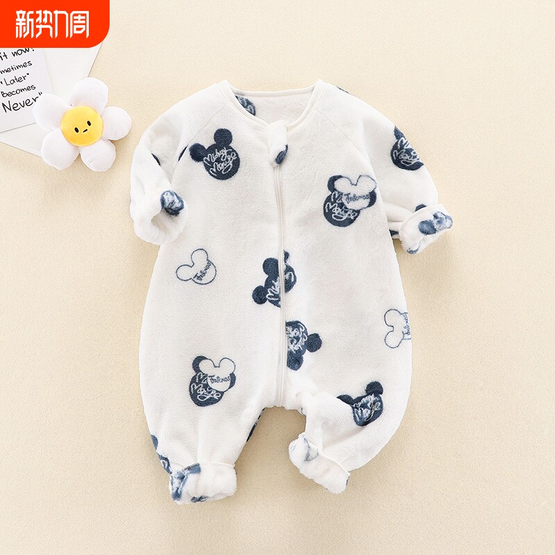 男女宝宝儿童家居服防踢被秋冬法兰绒婴儿双面绒连体睡衣小蜜蜂