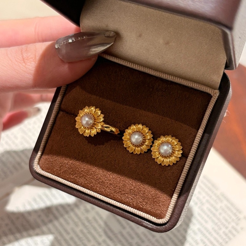 925Vintage中古宫廷风高级精工拉丝向日葵珍珠戒指耳钉项链首饰
