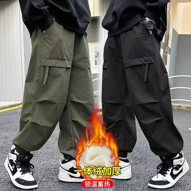 中大男童冲锋裤加绒防风户外骑行工装裤秋冬抗寒保暖伞兵裤儿童冬