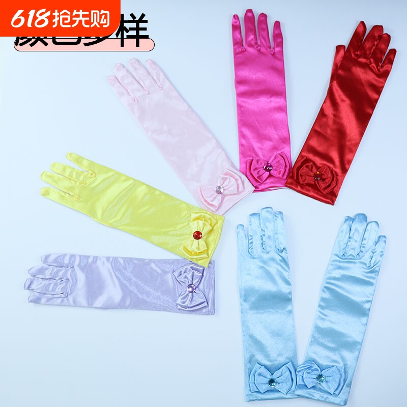 儿童演出缎面手套全指蝴蝶结手套女童春秋薄款晚礼服长款手套