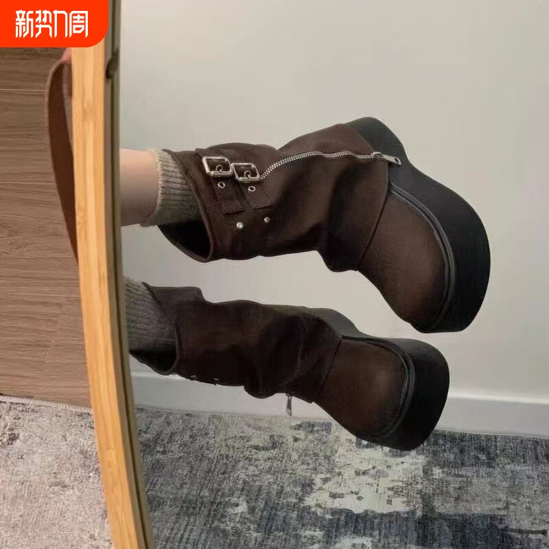 厚底增高短靴女2025秋季新款甜酷辣妹风机车裤管靴棕色松糕马丁靴