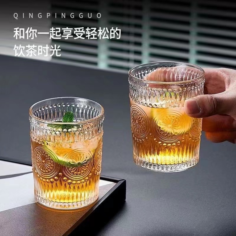 爆款Ins太阳花浮雕高颜值复古玻璃水杯酒杯咖啡奶茶杯法式ins风