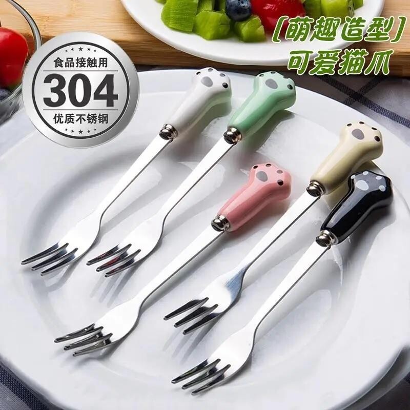 可爱高档不锈钢水果叉家用月饼蛋糕叉子甜品创意ins奢华猫爪手柄