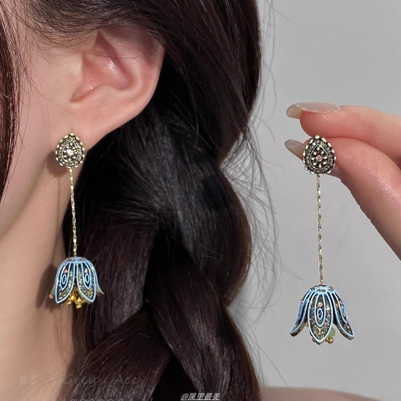 姜妍同款花朵耳环长款波西米亚民族风流苏耳饰女复古高级耳钉耳夹