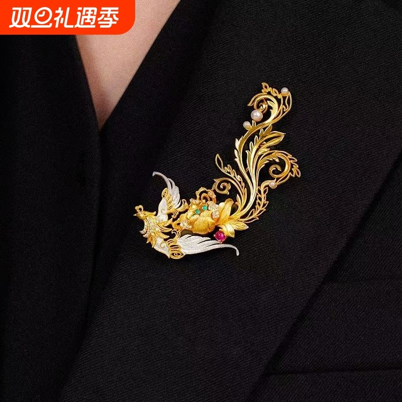 新中式高端精致金色凤凰牡丹珍珠胸针女小众轻奢高级感送妈妈老师