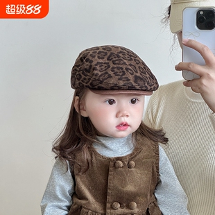 儿童帽子春秋款洋气豹纹前进帽男女宝宝反戴贝雷帽小孩复古画家帽