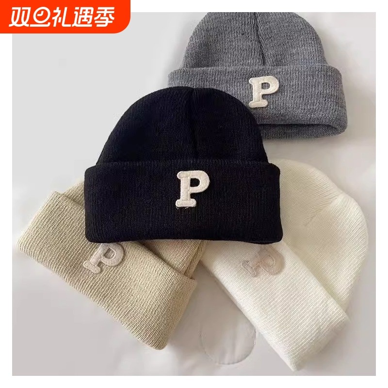 ins韩版简约字母P标婴儿针织毛线套头帽秋冬小宝宝帽子保暖瓜皮帽