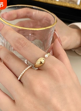 小众独特珍珠戒指女金色设计高级感开口戒指冷淡风叠戴指环食指戒