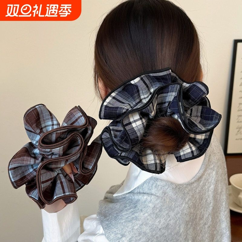 韩版格纹大肠发圈网红2025新款扎头发头花丸子头发绳高马尾头绳女