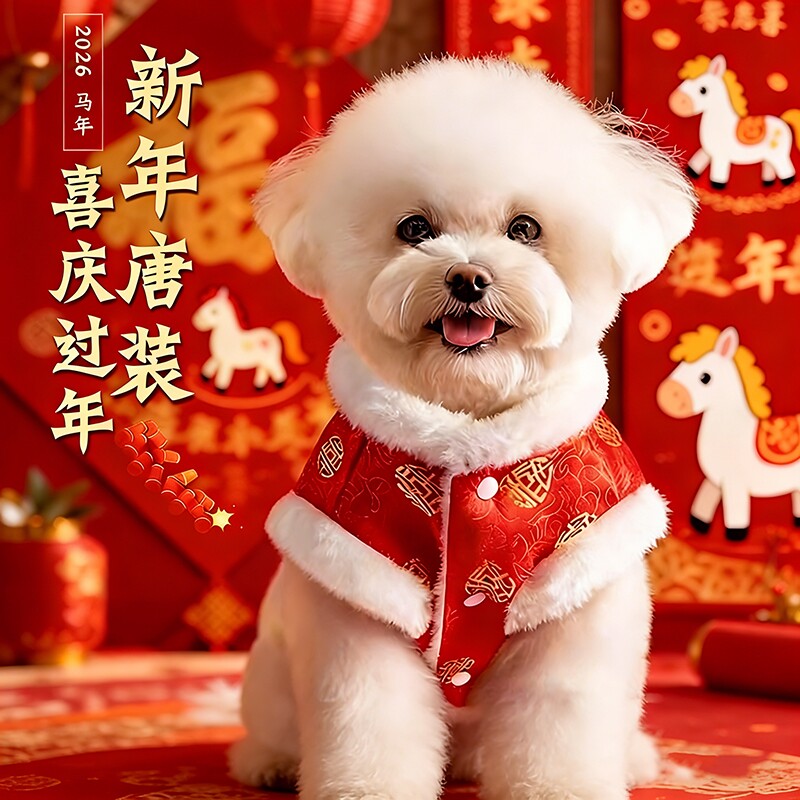 狗狗新年拜年服防掉毛加绒保暖小猫背心唐装过年喜庆秋冬加厚棉衣
