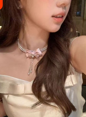 超仙圣诞绝美闪锆爱心蝴蝶结流苏珍珠项链女高级感锁骨颈链choker