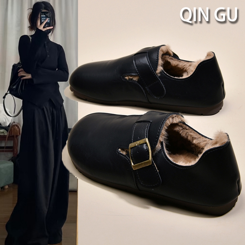 皮面加绒豆豆勃肯鞋女2025新款秋冬乐福鞋一脚蹬女鞋平底毛毛棉鞋