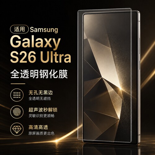 适用三星S22/S23/S24+/S26PLUS/26ultra全透明无黑边无孔全屏覆盖钢化玻璃膜超声波指纹解锁硬膜保护膜防摔
