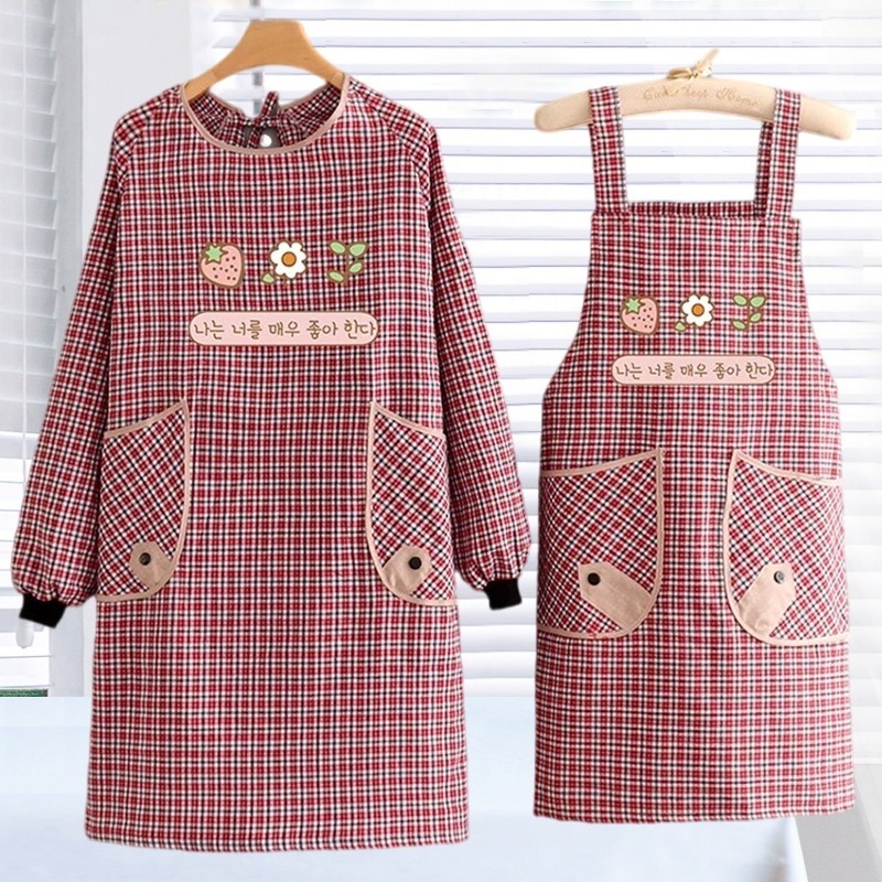 新款围裙女厨房家用棉布做饭围兜2024防油上班工作服长袖罩衣耐磨