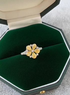 「璀璨黄花」中古黄色锆石花朵戒指爆闪精致时尚轻奢送礼物食指戒