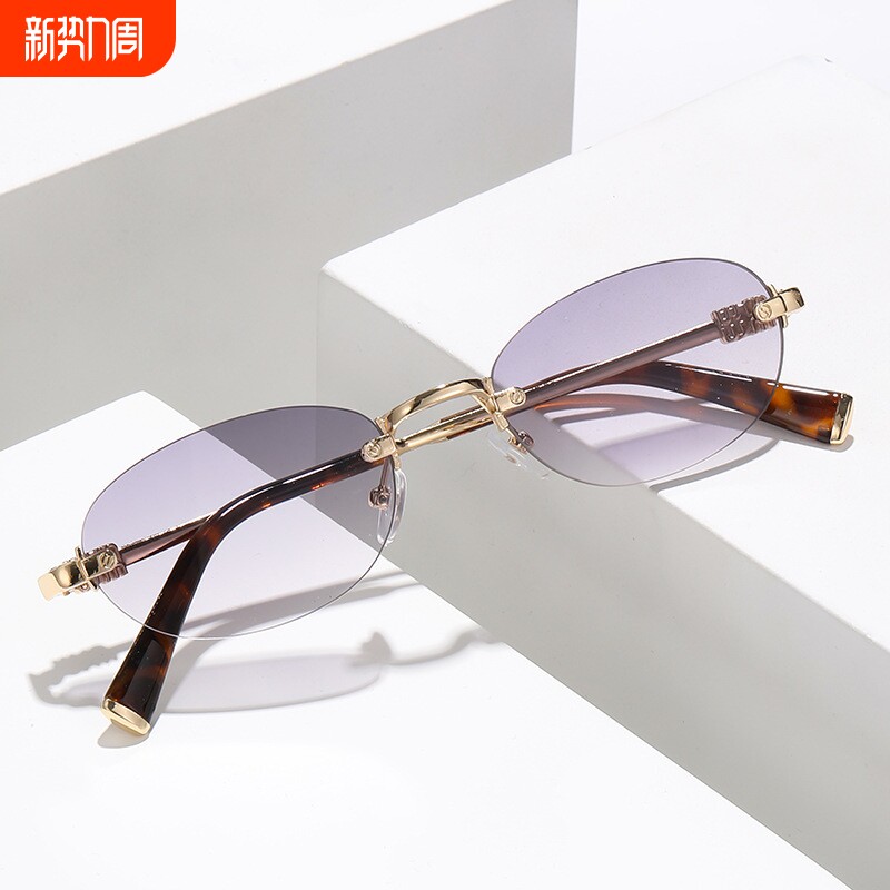 变色无框眼镜女韩版复古潮流圆防蓝光平光镜架高级感时尚眼镜