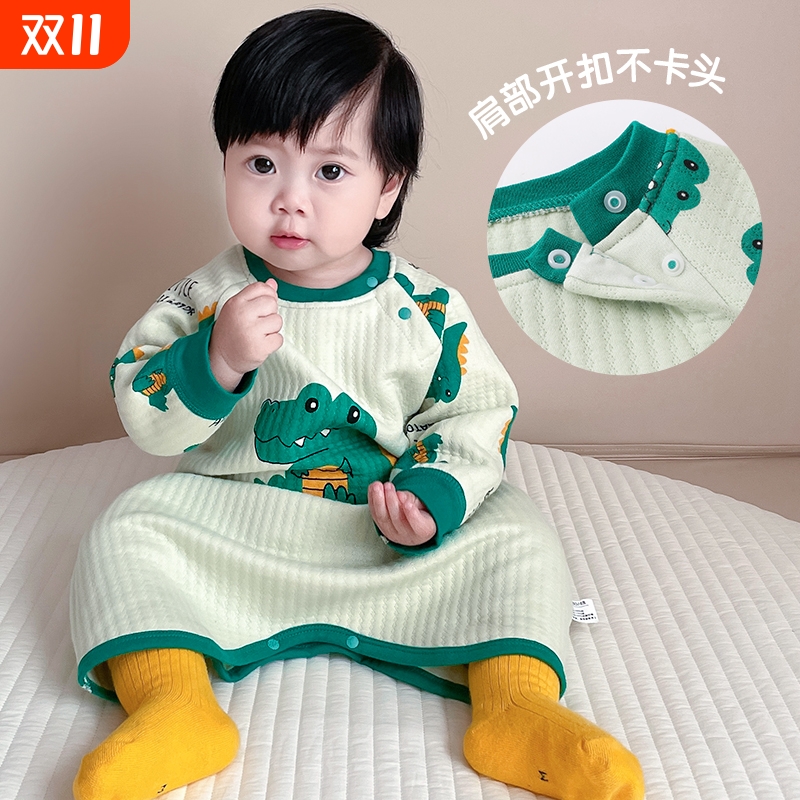 婴儿睡袍春秋保暖睡衣男女宝宝睡觉衣服护肚防踢被连体衣睡袋套装