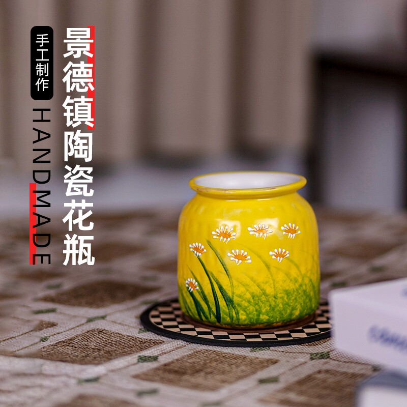 景德镇油画花瓶新款手工小巧精致陶艺台面摆件酒柜电视柜陶瓷花器