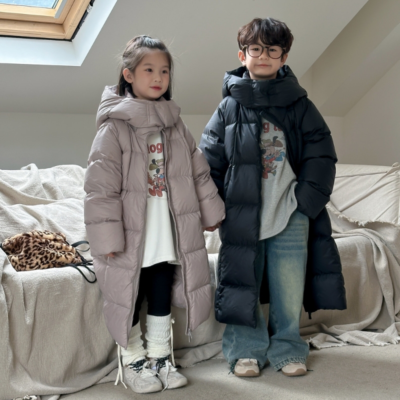 童羽绒服2025冬男女童韩版纯色中长款羽绒外套儿童加厚连帽羽绒服