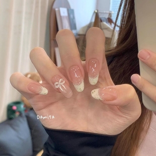 奶油碎花穿戴甲法式 贴片温柔显白ins蝴蝶结可拆卸手工甲学生美甲