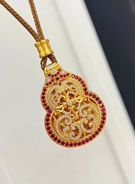 925轻奢复古新中式古法福禄镂空满钻红宝石葫芦编织绳可开式颈链