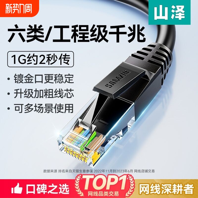山泽网线千兆家用超六6类路由器连接线成品线网络万兆电视水晶头