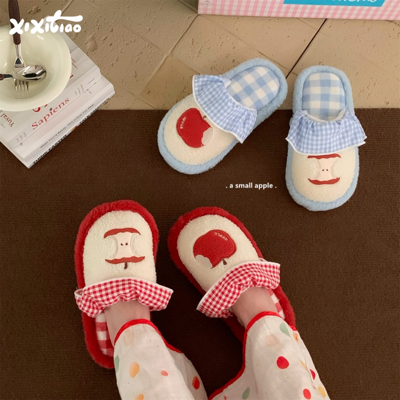 细细条红苹果撞色格子居家毛毛鞋