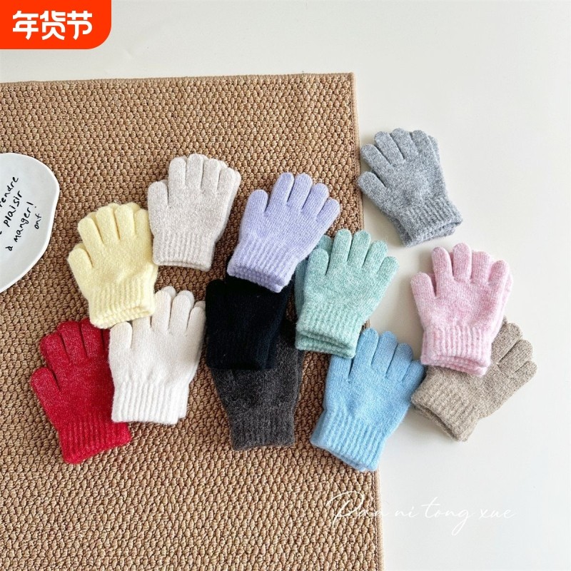 羊毛混纺~儿童手套秋冬糖果色针织分指保暖宝宝户外毛线五指手套