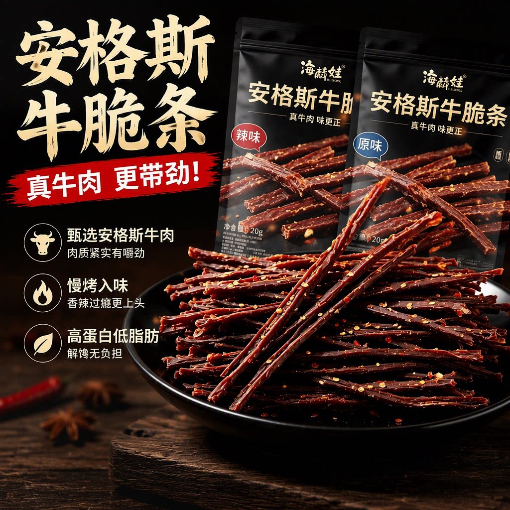 安格斯牛脆条原切牛肉风干肉条网红解馋肉脯即食小吃辣味奶香原味